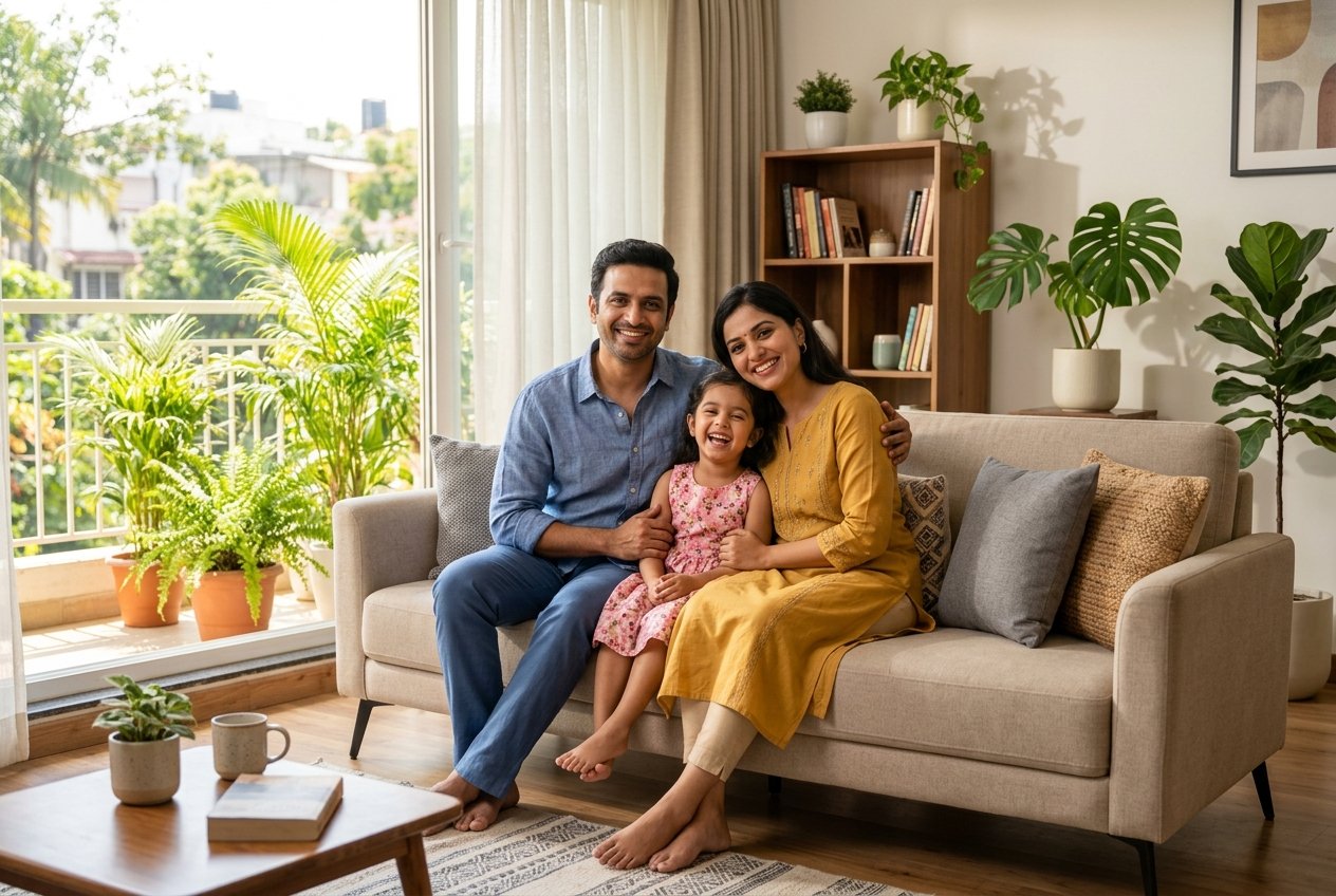 Happy family enjoying solar powered home